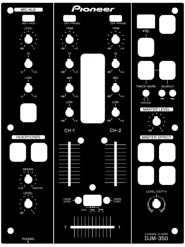 Pioneer DJM350 Panel de consola de mezclas Película de DJ Adhesivo protector Negro. ¡No controlador de DJ!