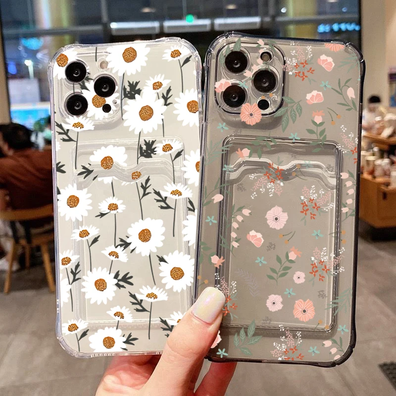 Funda de teléfono transparente con flores rosas y blancas para iPhone 16 15 14 13 Pro Max 12 11 XS XR 7 8 Plus SE2, funda protectora de lente para tarjetas y billetera - imagen 2