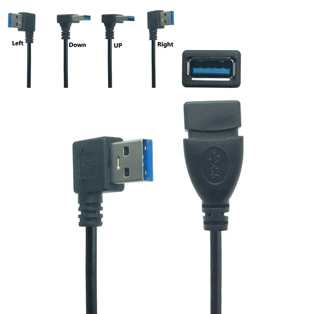 Adaptador de extensión USB 2,0 A macho A USB hembra, cable negro, 20cm, 90 grados arriba, abajo, izquierda y derecha
