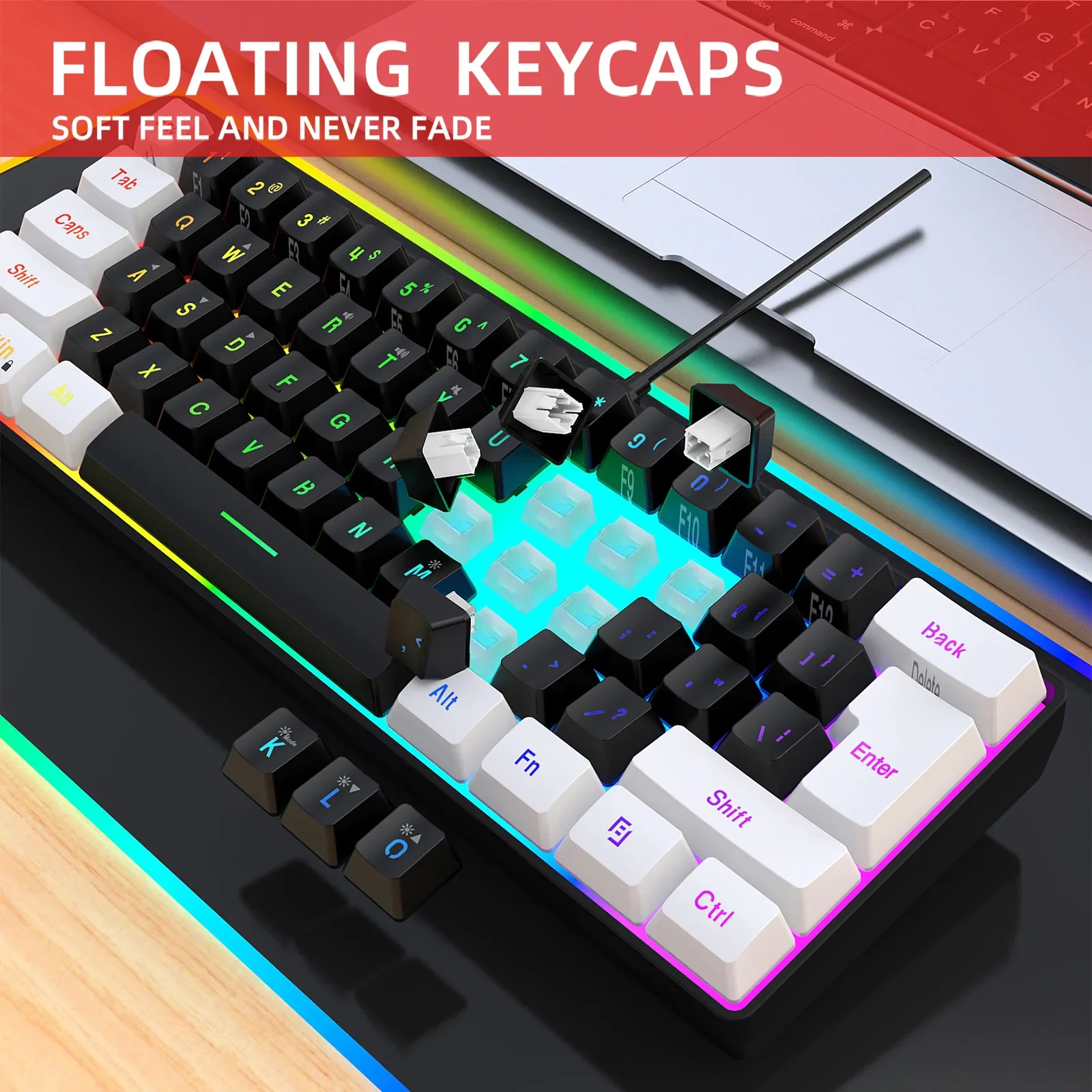 Teclado y ratón 60%RGB gaming pc usb combo teclados retroiluminados kit mini gamer teclado con cable y ratón conjunto ordenador blanco negro - imagen 4