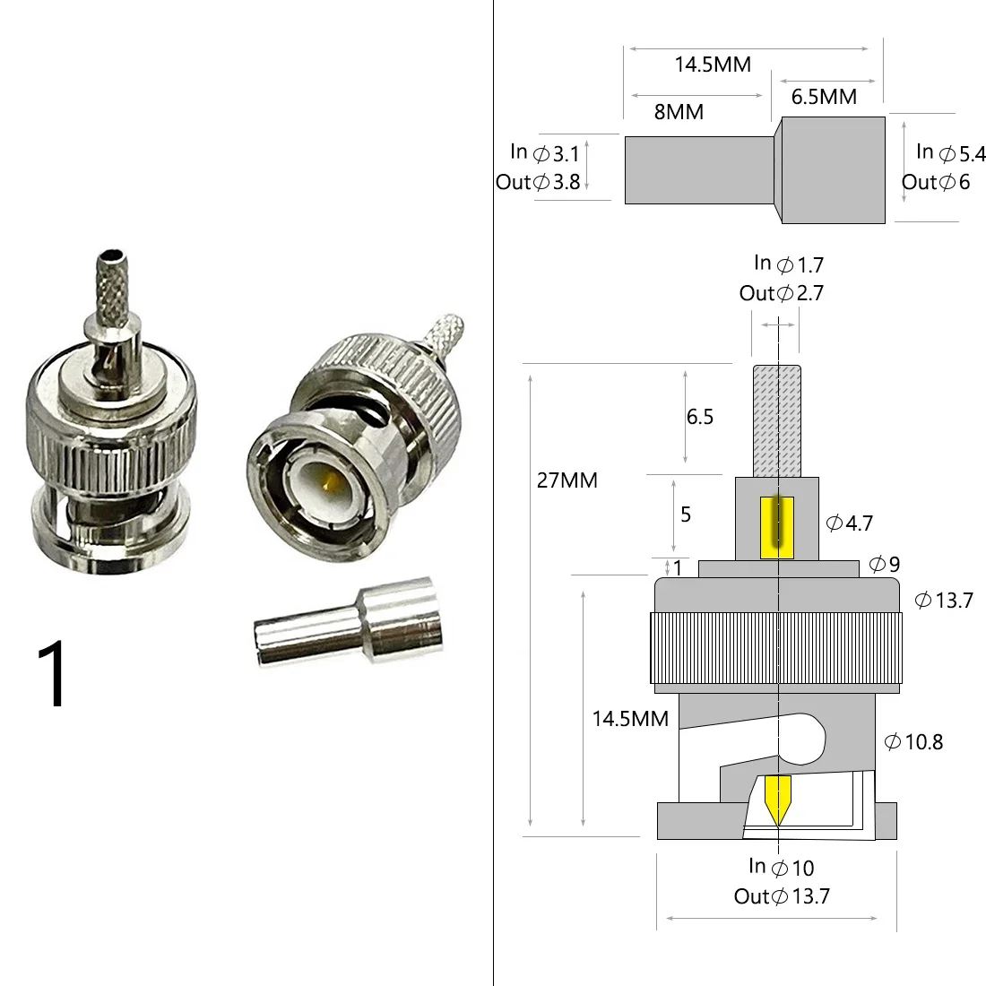 Conector coaxial BNC macho hembra Jack RF engarzado para Cable RG316 RG174 RG58 RG142 cobre niquelado con dibujo nuevo - imagen 2