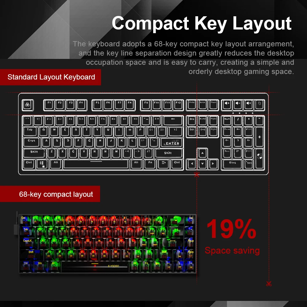 E-YOOSO Z686 USB Mini slim mecánico para juegos con cable interruptor rojo 68 teclas ruso brasileño portugués para ordenador portátil - imagen 3