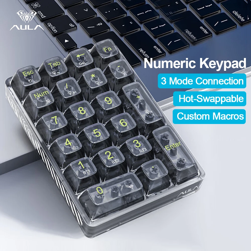 Teclado numérico inalámbrico AULA, retroiluminación blanca, teclado numérico transparente, teclado mecánico numérico inalámbrico Bluetooth de 21 teclas