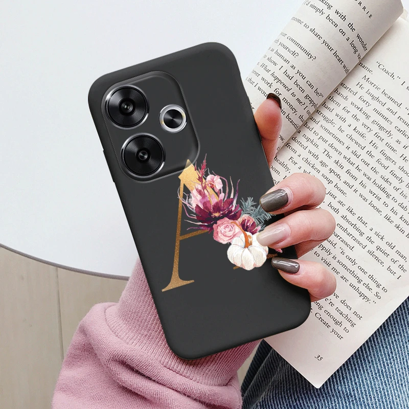 Funda con letras doradas para Poco F6, cubierta trasera suave de silicona negra para PocoF6, Protector para Xiaomi F 6, Funda a prueba de golpes, carcasa con flores rosas - imagen 3