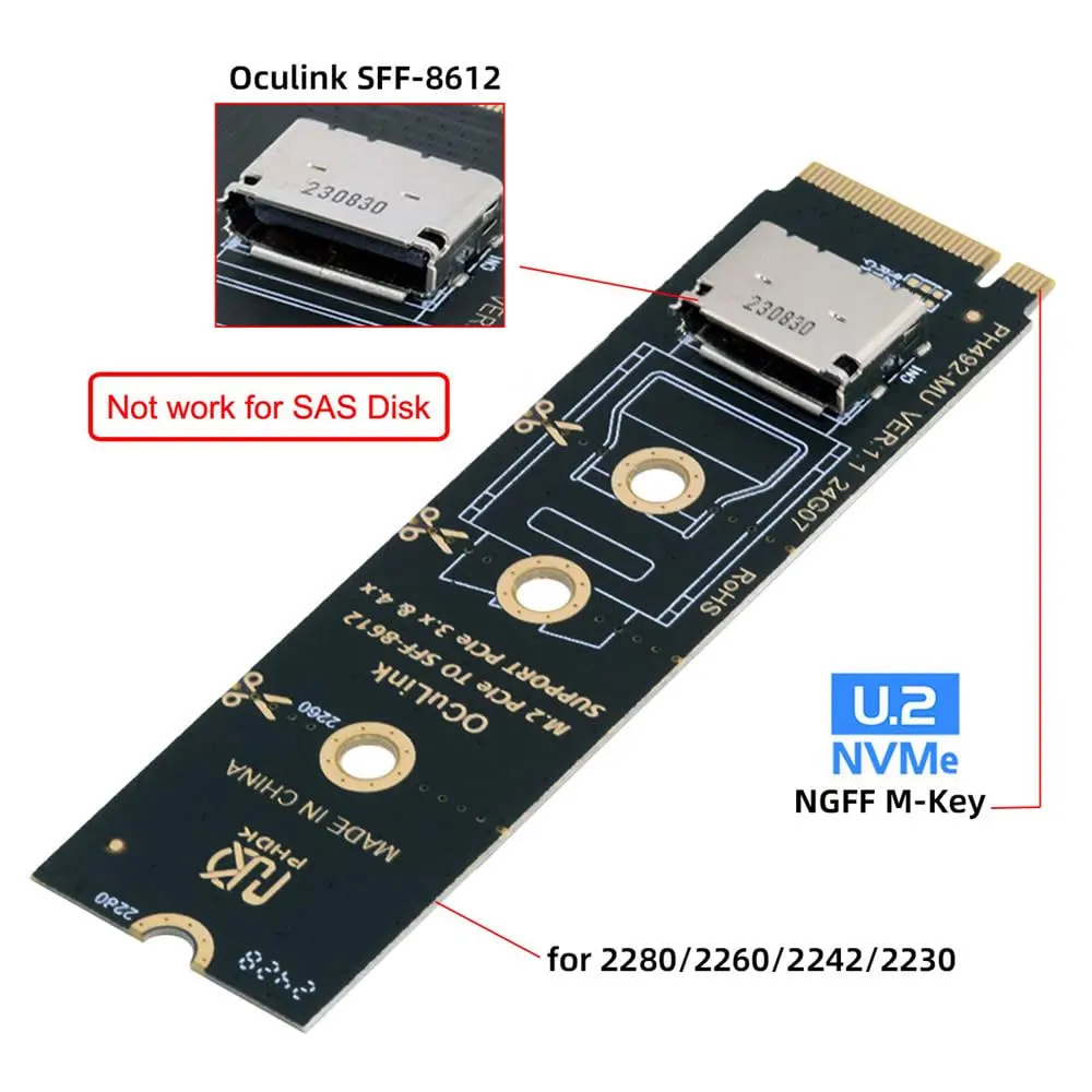 Oculink SFF-8612 a PCI-E 4,0 NVME M.2 M-Key adaptador de Host compatible con 2230/2242/2280 SFF-8612 a M.2 a Oculink para U.2 SSD y eGPU - imagen 5