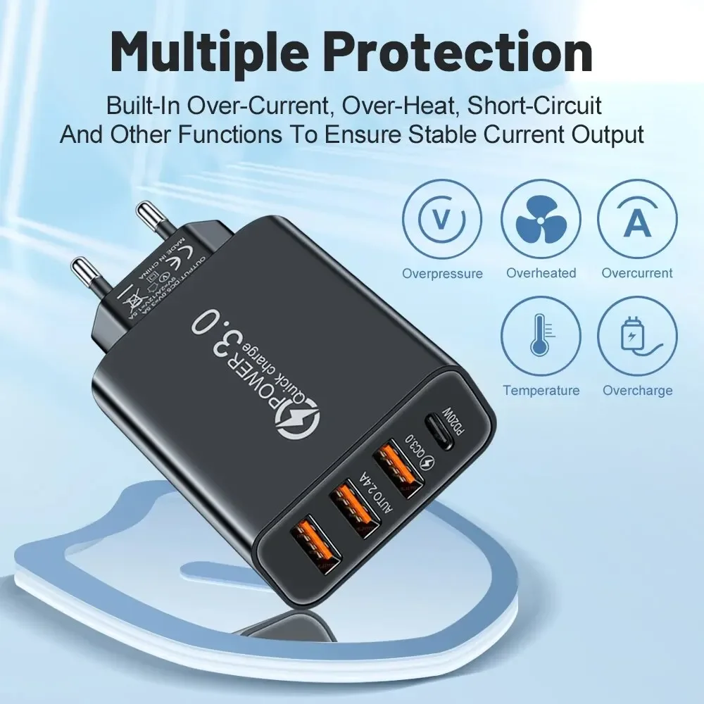 Total 60W USB C cargador Multi 4 puertos 3USB PD tipo C carga rápida carga rápida Universal adaptador de corriente de pared de viaje - imagen 3