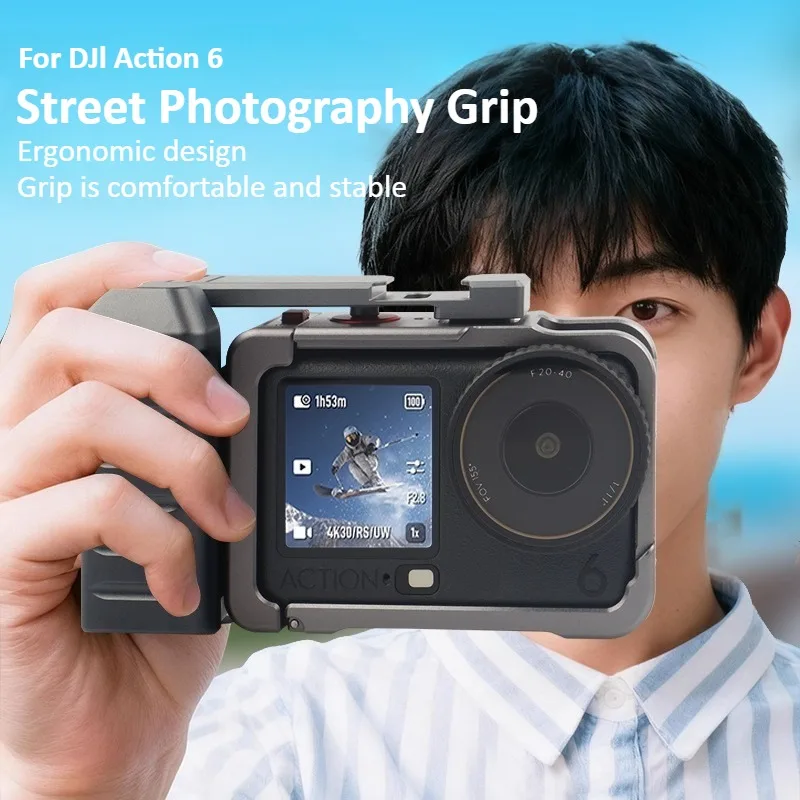 Kit de fotografía callejera con jaula para cámara para DJI Osmo Action 6, soporte de marco de aluminio con mango de repuesto, accesorios para cámaras deportivas