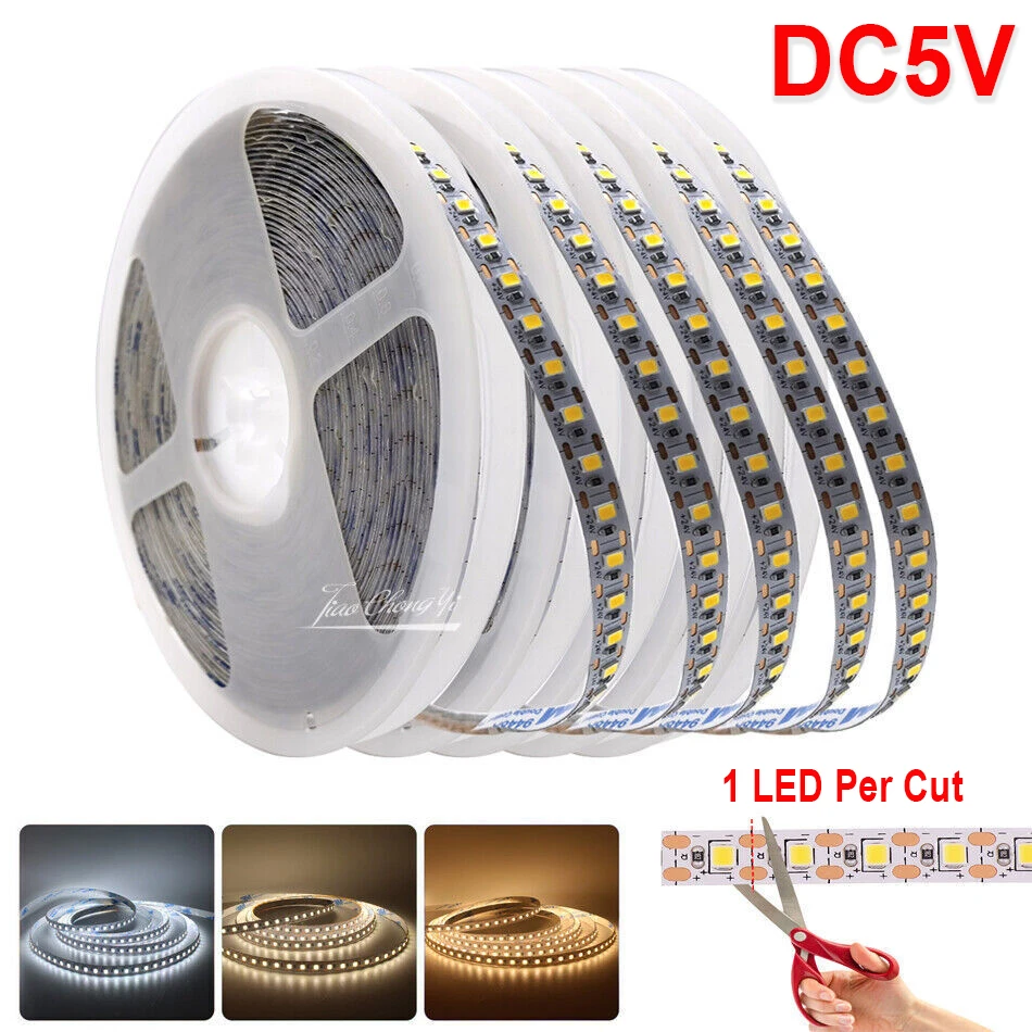 Tira de luces LED DC5V 2835 120LED/m, cinta de diodo de corte 1LED, luces superbrillantes, blanco cálido, Natraul, 5m/1 rollo, decoración del hogar