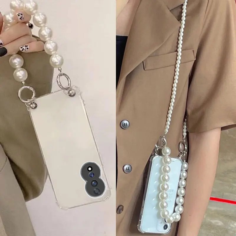 Para Honor 80 Pro cadena de perlas bandolera cordón collar funda para Honor 80 SE 70 Pro Plus 60 Pro 50 Lite 50 SE cubierta suave transparente - imagen 2