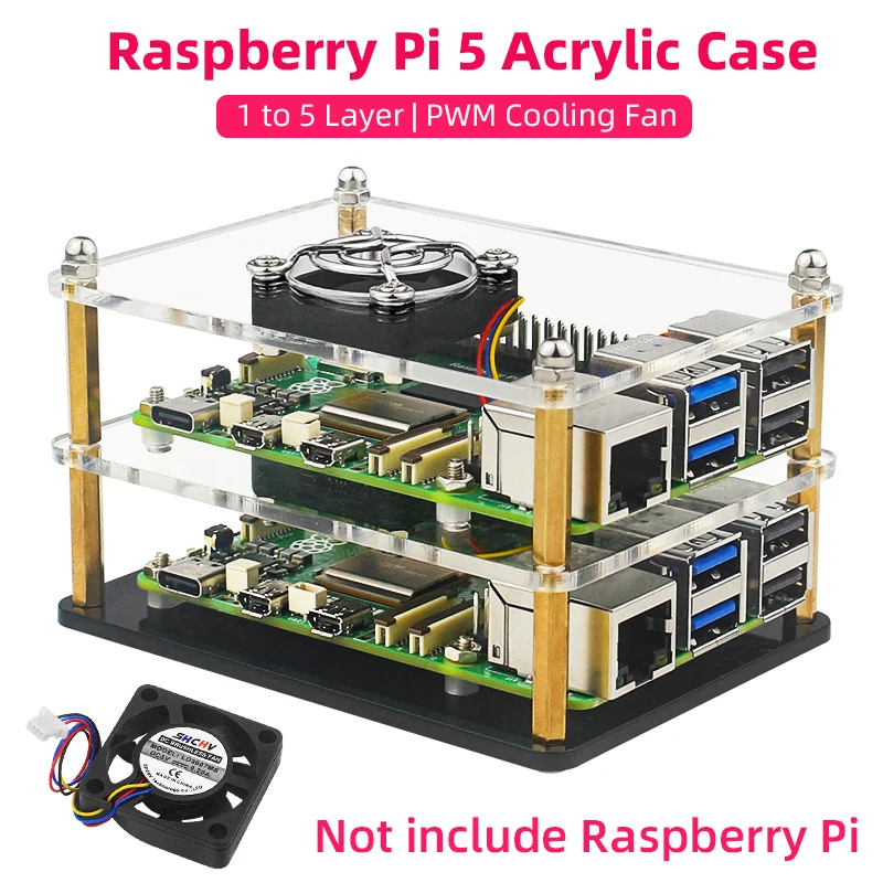 Raspberry Pi 5 carcasa acrílica carcasa transparente con ventilador de refrigeración PWN caja de placa apilable para RPI 5 Pi5 Cluster DIY electrónico
