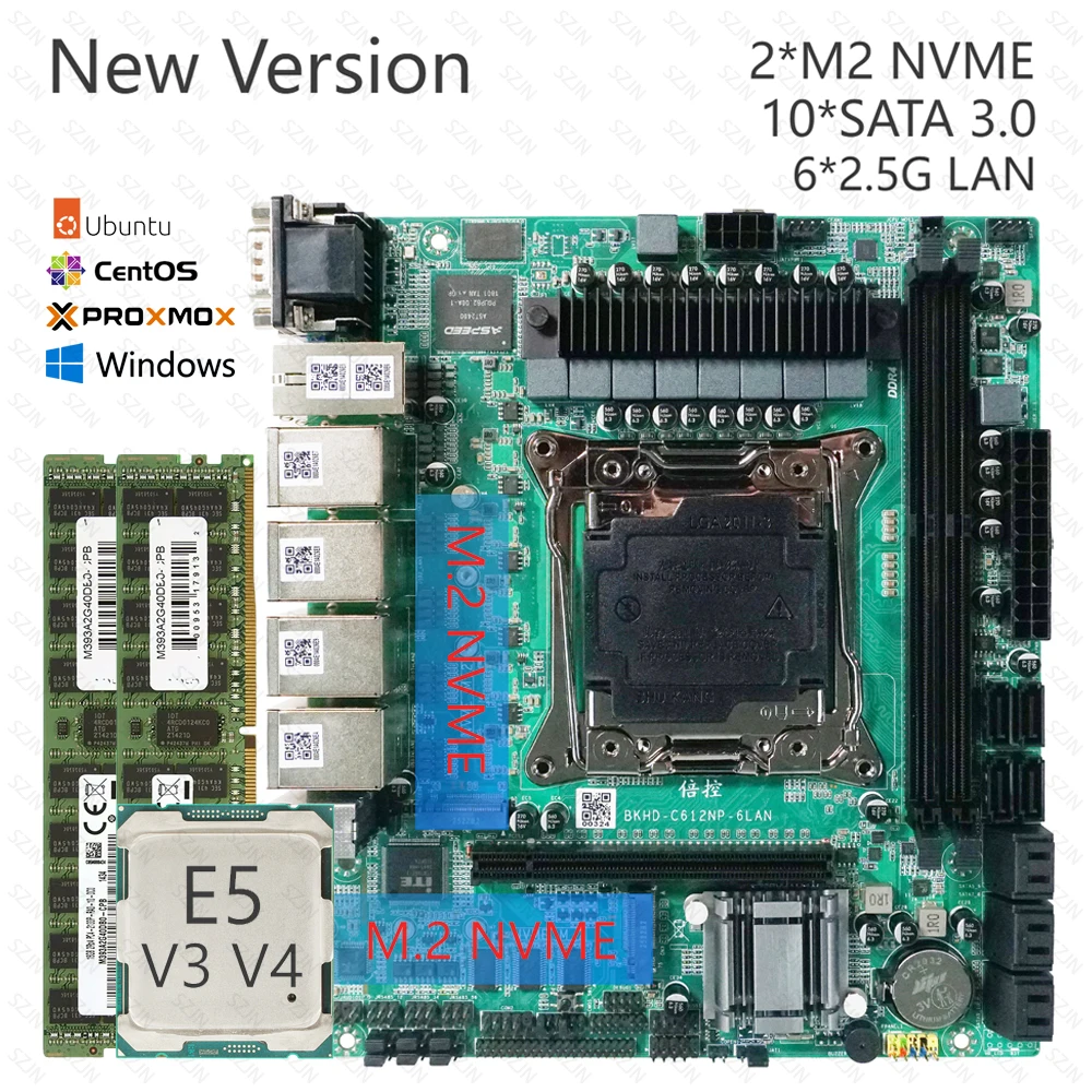 Nueva versión X99 juego de placa base Chip C612 para enrutador NAS Sever 6x2,5 GbE I226 10xSATA 2xM.2 NVME soporte Raid ECC RAM PCDN Kit
