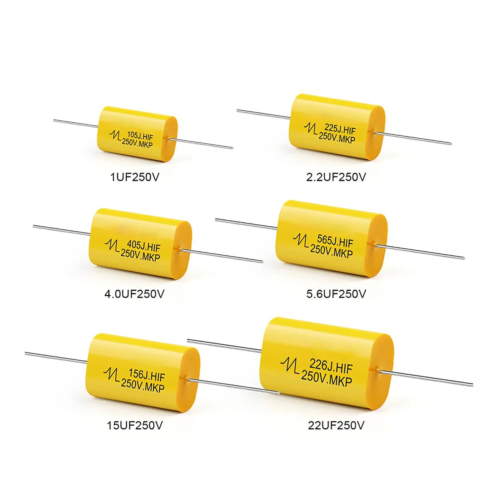 5 uds condensador de película Audio 250V DC condensadores de polipropileno tipo plomo Axial redondo división de frecuencia amarilla 1UF 1,5 UF 1,8 UF 2,2 UF - imagen 3