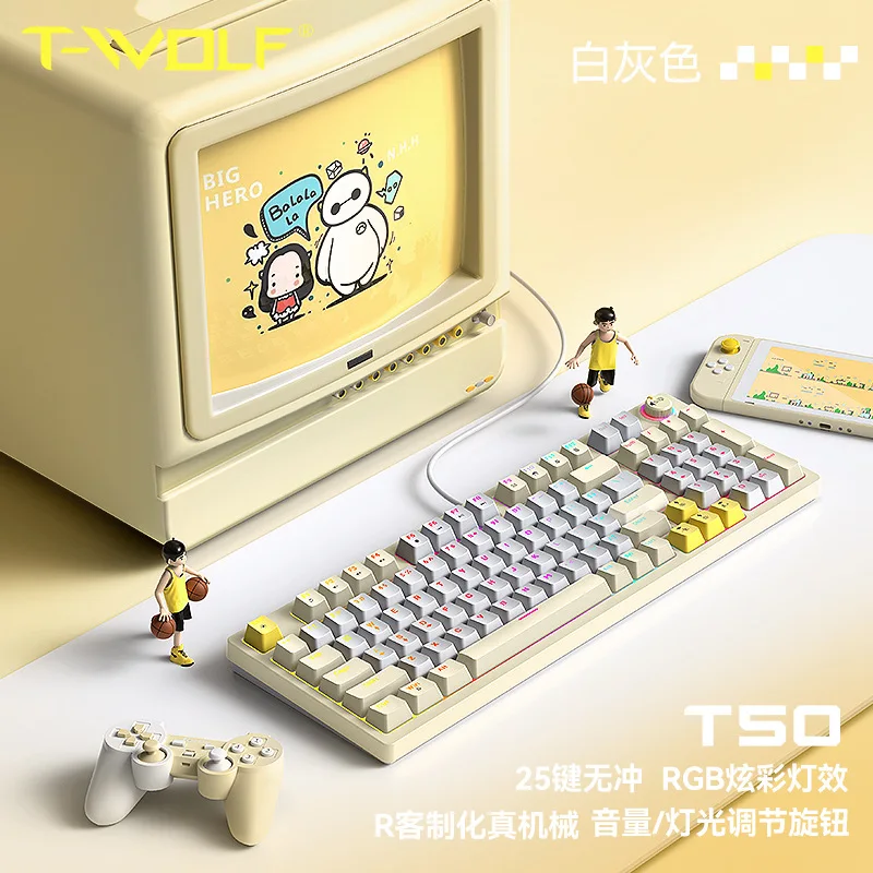 Teclado mecánico con perilla de eje azul, Teclado mecánico personalizado de doble Color para juegos, deportes electrónicos, Teclado mecánico con cable Retro RGB - imagen 5