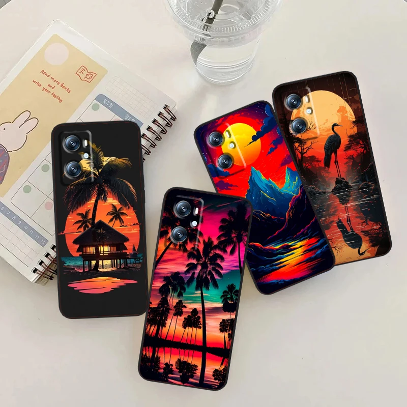 Coconut Tree Sunset Bird Art para OPPO Find X5 X3 X6 A54S A5 A94 A16 A53S A57 A74 A72 A98 A78 A96 A9 5G, funda suave negra para teléfono