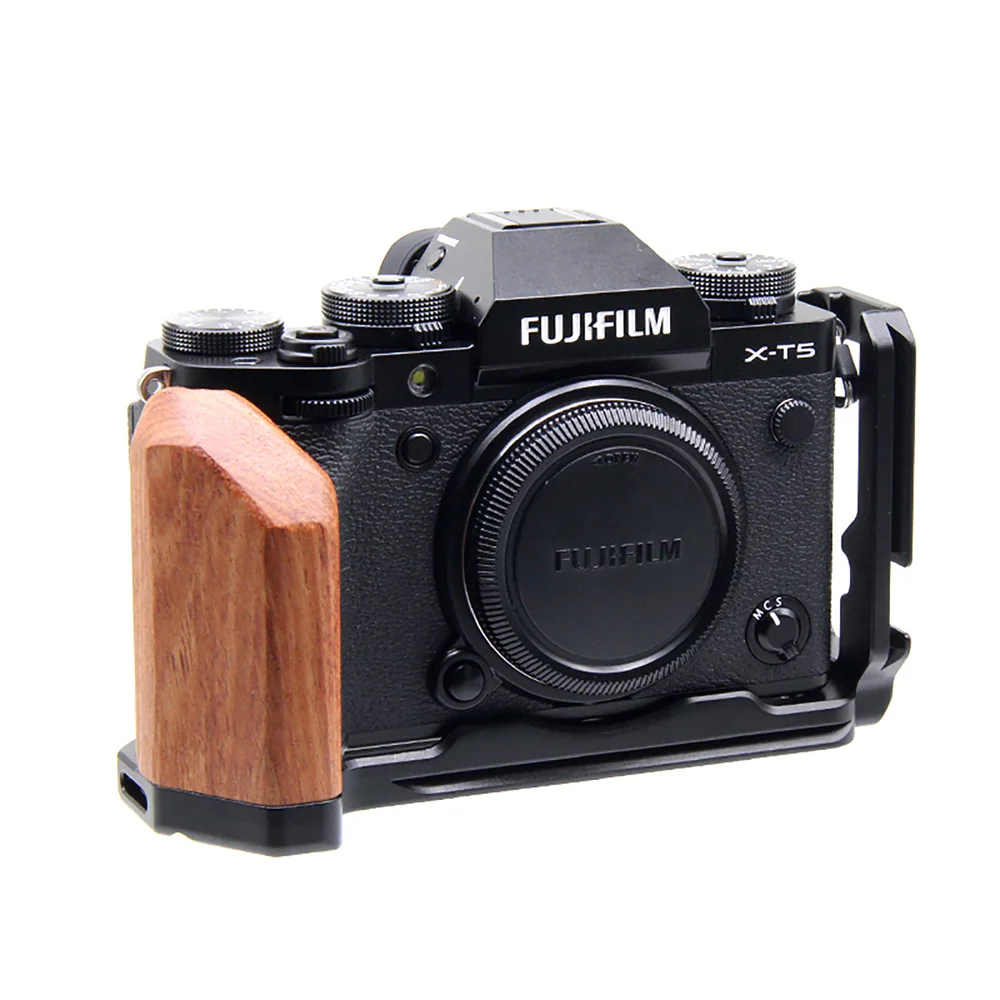 Jaula de cámara para Fujifilm X-T5 DSLR, soporte de placa en L de liberación rápida, plataforma estabilizadora de marco de extensión con agarre de madera de zapata fría