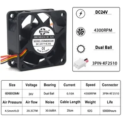 Ventilador Rack Servidor 60mm 24V 4300RPM Ball Bearing