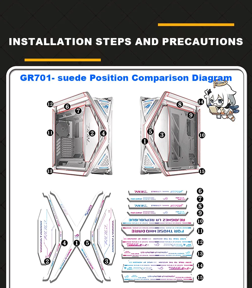 KIT de 16 Uds de pegatinas de gamuza DIY para funda ROG GR701 HYPERION, marco de chasis/pegatina decorativa trasera, película protectora - imagen 3