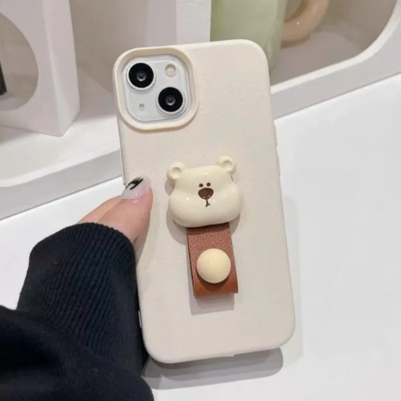 Funda de teléfono con textura de lichi y soporte para anillo de dedo de oso 3D bonito de Corea para iPhone 17 Pro Max 11 12 13 14 15 16 Plus 17 Air 16E - imagen 4