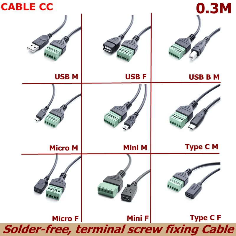 1ft USB 2,0 hembra B Micro USB Mini USB tipo C macho a conector de tornillo hembra de 5 pines con Cable adaptador de enchufe de Terminal de escudo