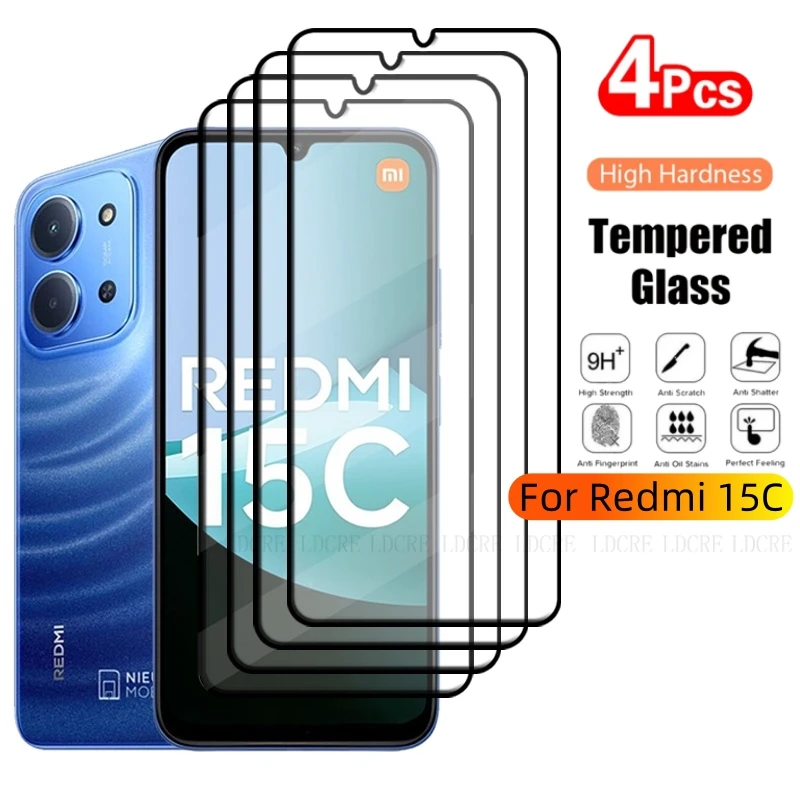 4 Uds para Redmi 15C vidrio Redmi 15C vidrio templado cubierta completa pegamento 9H HD Protector de teléfono para Protector de pantalla Xiaomi Redmi 15C