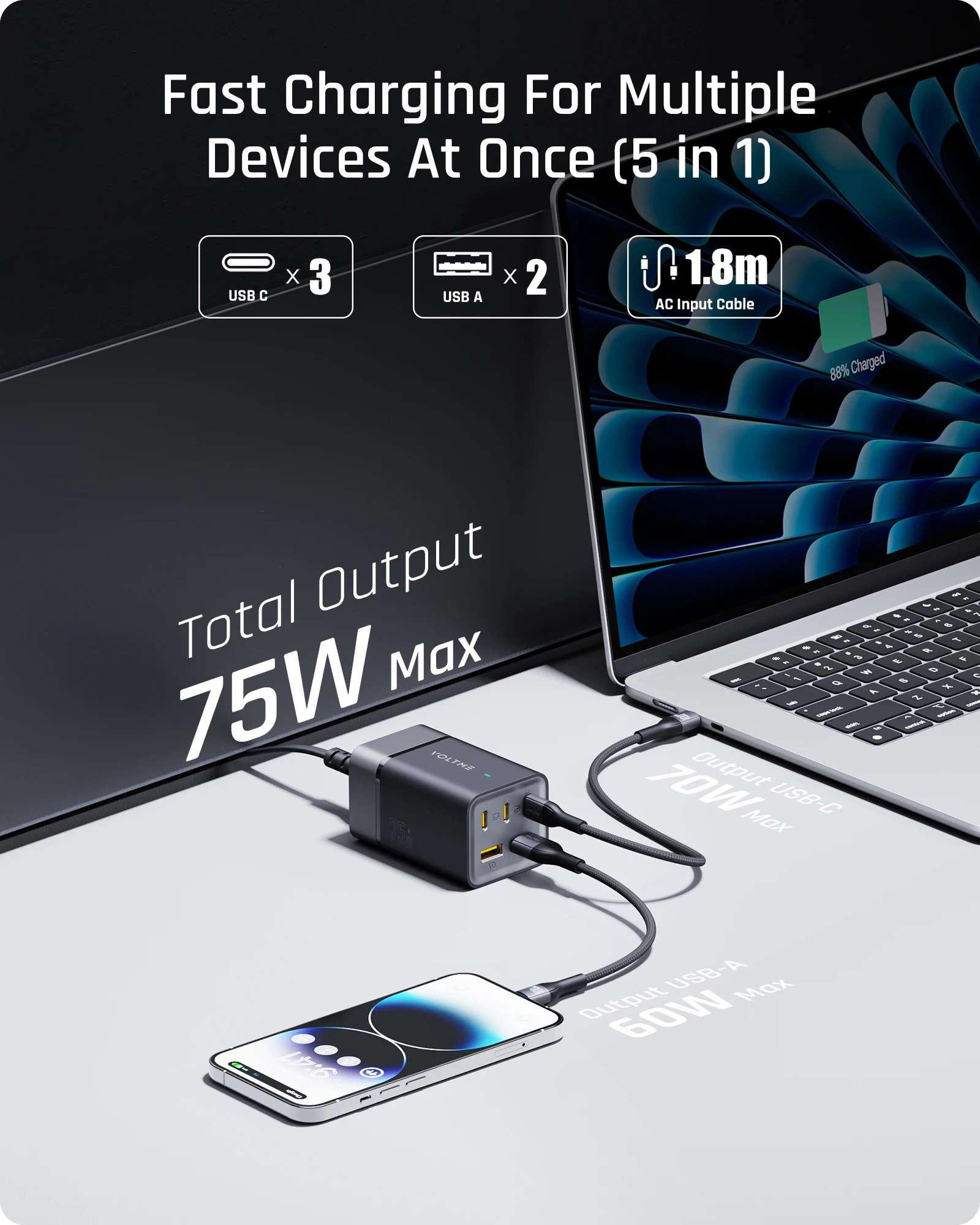 VOLTME-cargador USB C de 75W, cargador de escritorio rápido GaN para iPhone 15 Pro Max Galaxy S23, estación de carga Ultra portátil para MacBook - imagen 3