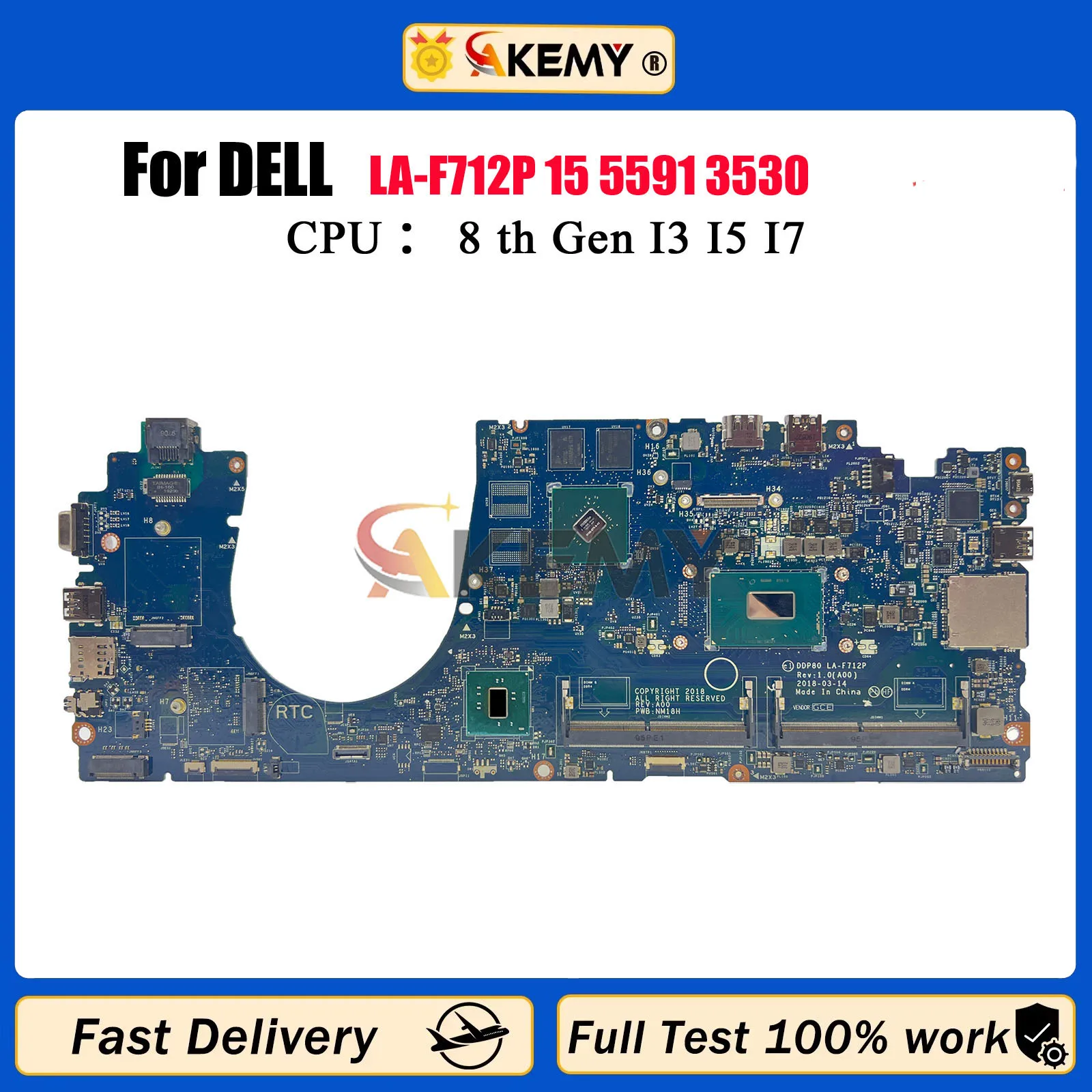 Para DELL Latitude 3530 5591 placa base de portátil LA-F712P 07TTKR 0T73CF 03YC67 0C38P6 i5 i7 8th CPU placa base 100% probada