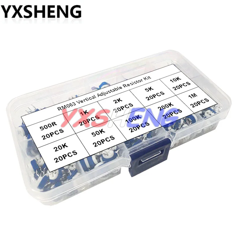 Kit de resistencia ajustable Vertical RM063, potenciómetro de corte multigiro 200, 1K, 2K, 5K, 10K, 20K, 50K, 500 K, 100K, 1M, con caja, 200 piezas