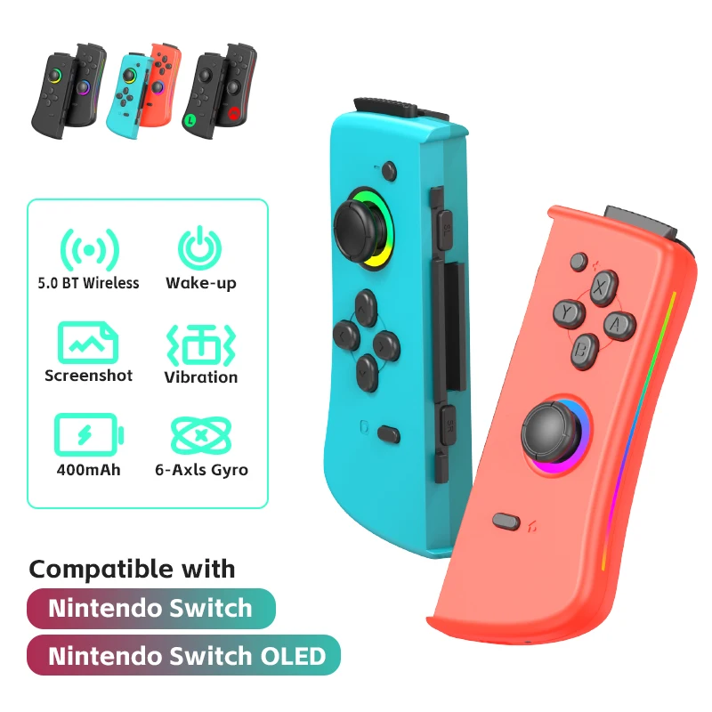 Data Frog BT 5,2 RGB LED Switch L/R JoyCon Gamepad para Nintendo Switch/Lite/Oled JoyCon Gamepads Joystick con doble vibración