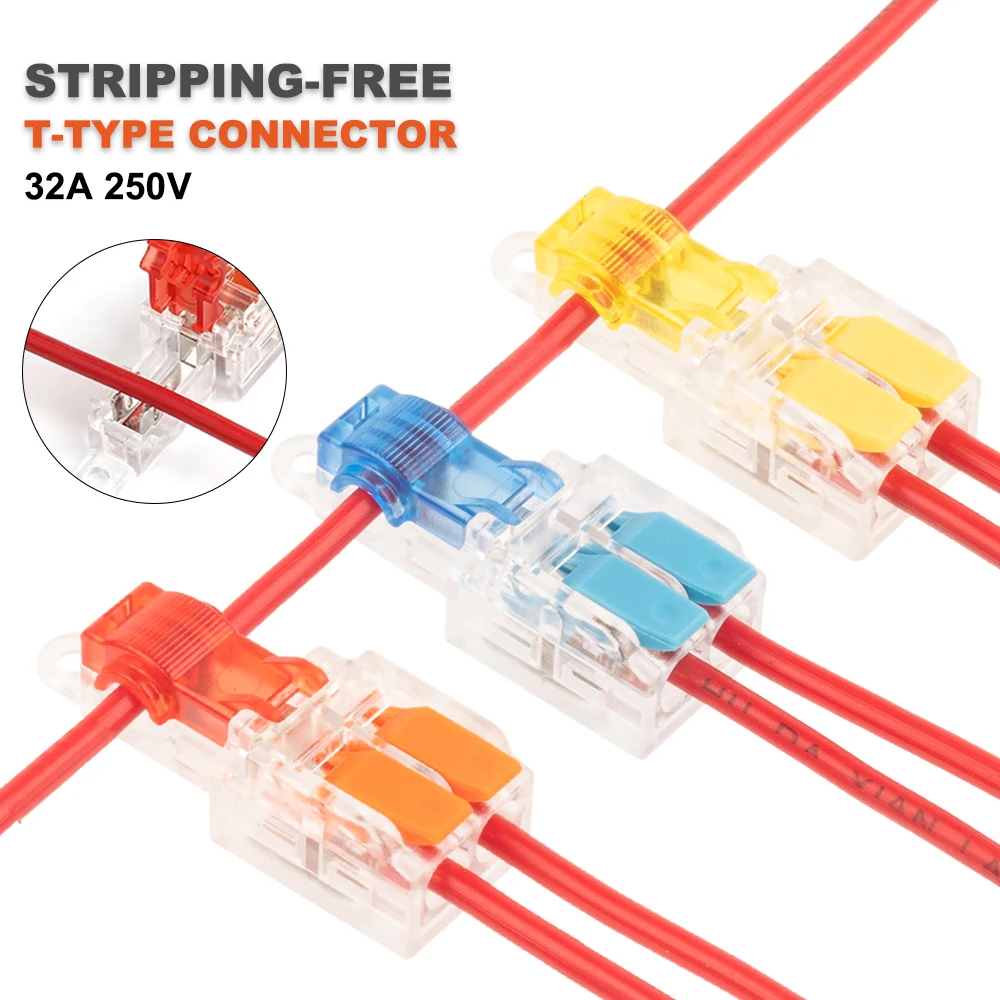 Conector de cableado libre de pelado tipo T, 5/10/25 Uds., con orificio de fijación, conectores de cable de palanca, caja de conexiones de empalme de rama rápida de 32A
