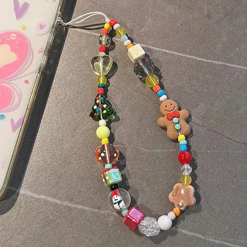Coreano encantador 3D Navidad hombre de jengibre con cuentas teléfono acrílico colgante llavero para IPhone chica Anti-Pérdida cadena colgante joyería - imagen 3