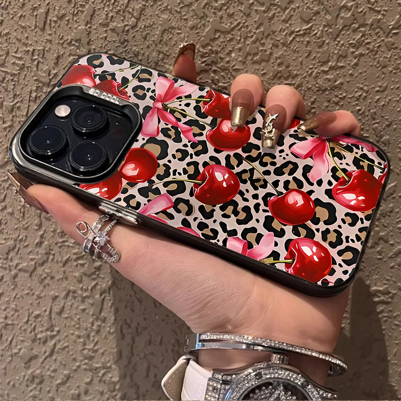 Funda mate cereza con estampado de leopardo rojo para iPhone 15 16 14 13 12 11 Pro Max XS X XR 8 7 Plus SE 2020 Funda de PC chapada a prueba de golpes - imagen 5