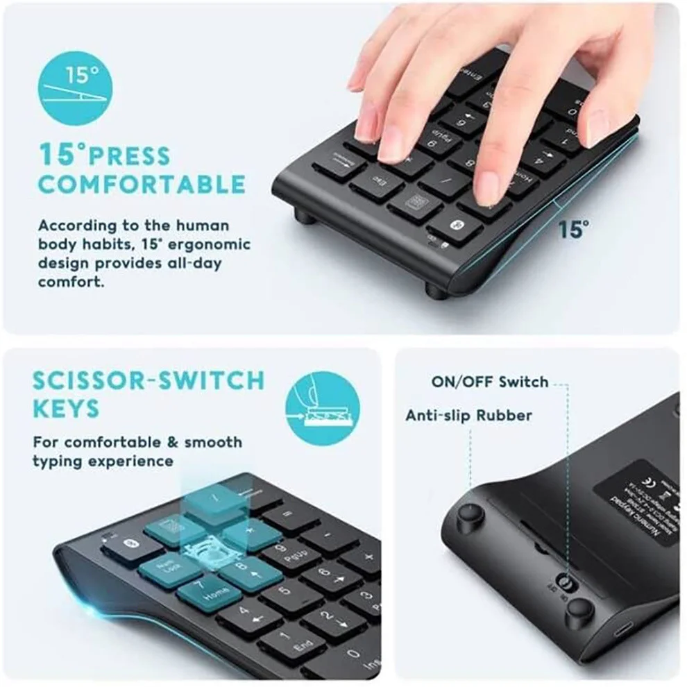 JOMAA-alfabro numérico inalámbrico con Bluetooth, teclado numérico recargable de 22 teclas, portátil, delgado, para entrada de fecha, ordenador portátil - imagen 5