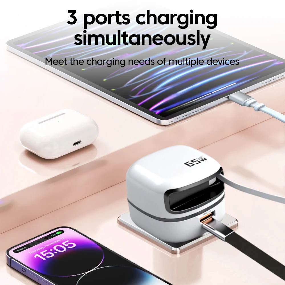 Cargador USB C de 65W con Cable telescópico, cargador de carga rápida con enchufe UE y Reino Unido, cargador de teléfono de viaje Universal para iPhone 15 16 ipad - imagen 2