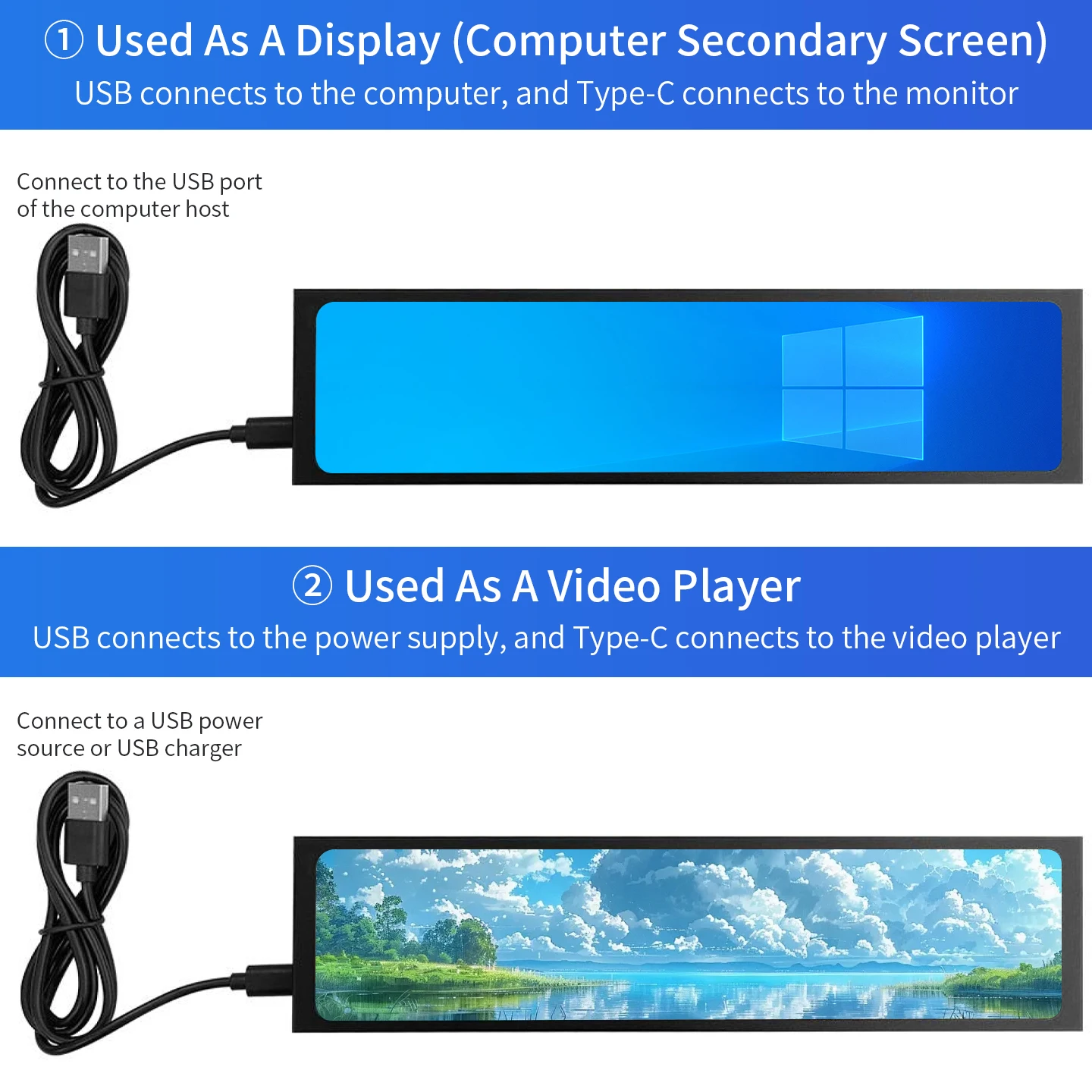 Pantalla secundaria de computadora USB tipo C LCD IPS 1920x440 de 11,26 pulgadas 170 °   Monitor de visión amplia Reproductor de vídeo Álbum de fotos electrónico - imagen 5