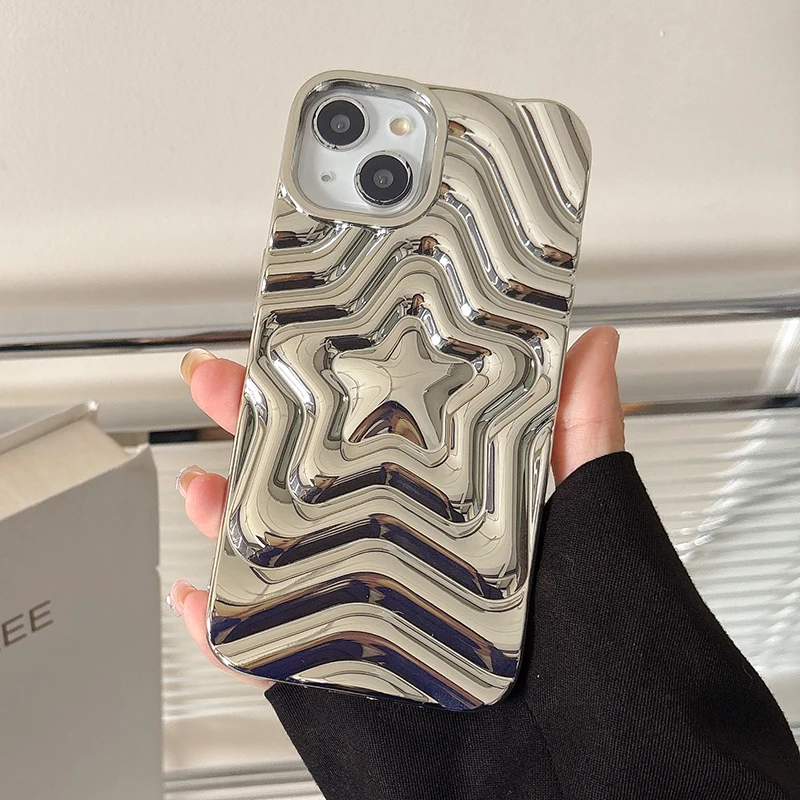 Funda de teléfono TPU con estrella de cinco puntas y gradiente plateado cromado ostentoso para iPhone 16 Pro Max 17 15 13 14, funda trasera de silicona chapada - imagen 4