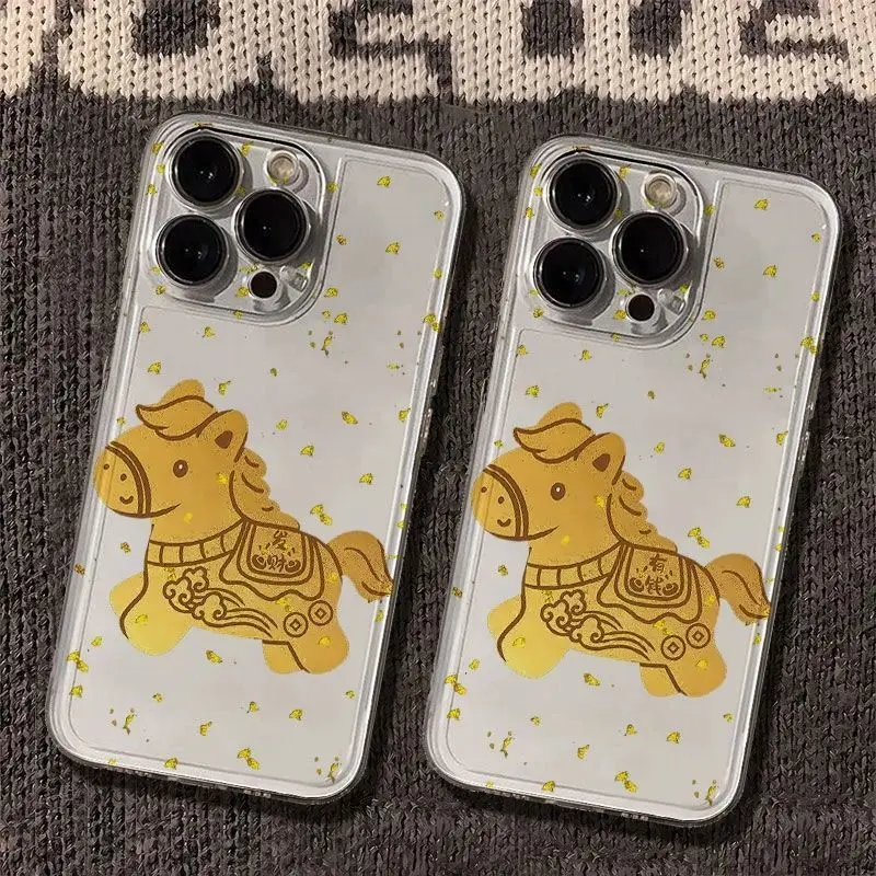Funda de teléfono con diseño de Pony dorado para iPhone 17 16 15 14 Plus 13 12 Mini 11 Pro Max 17 Air 16E X XR XS, funda trasera transparente