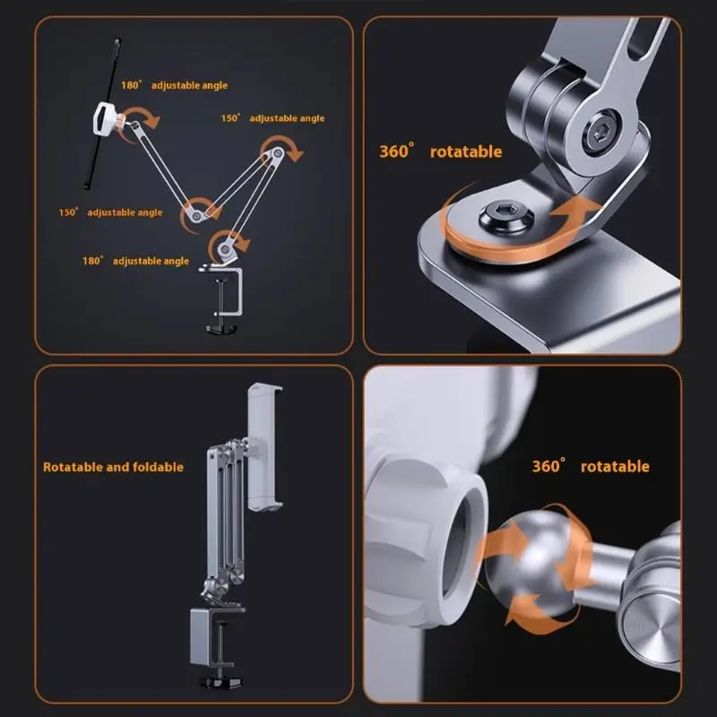 Soporte para teléfono y tableta R53C, soporte para cama, brazo largo aluminio, soporte perezoso plegable, giratorio 360 y