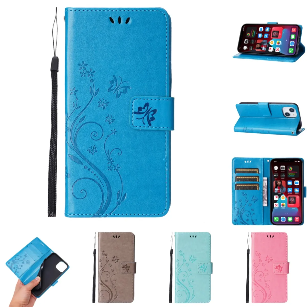 Para iPhone 11 XR Xs 8 7 6 Pro Max mini Plus Funda de cuero PU con relieve de mariposa pequeña