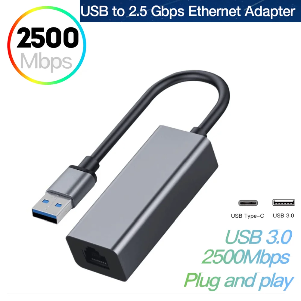 Adaptador Ethernet Gigabit USB 3,0 a 2,5G, tarjeta de red RTL8156B, 2500/1000/100Mbps, USB C 3,1, RJ45, para ordenador portátil y de escritorio