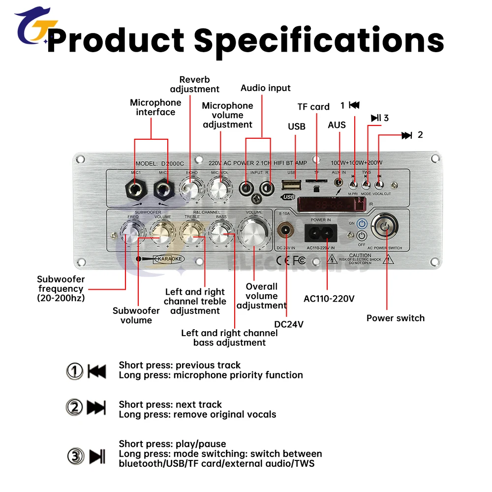 1 placa amplificadora de sonido D2000 100W * 2 + 200W placa amplificadora de 2,1 canales DC 24V/AC110-220V placa amplificadora Bluetooth de alta potencia - imagen 5