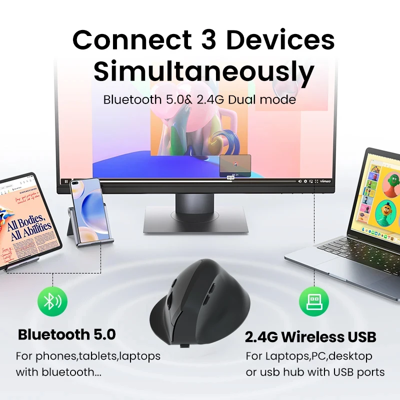 Ratón Vertical inalámbrico Bluetooth 5,0, 2,4G, ergonómico, 1600DPI, 6D, botones silenciosos para MacBook, tableta, portátil, accesorios para ordenador - imagen 2