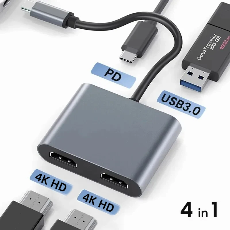 Adaptador de pantalla USB C a Dual 4K HD, estación de acoplamiento Thunderbolt3, Hub, dos monitores para ordenador portátil Windows 10/11, espejo y modo extendido