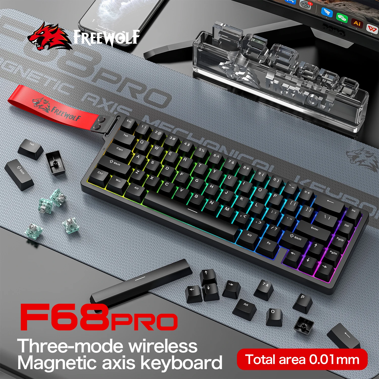 Interruptores magnéticos de teclado mecánico para juegos F68Pro de 8KHz, disparador rápido, tres modos con cable/inalámbrico, RGB compacto 68% intercambiable en caliente