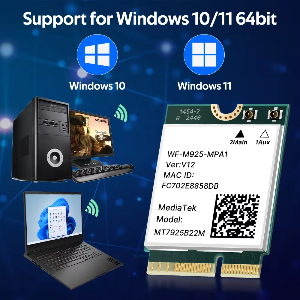 Tarjeta de red MT7925 WiFi 7 5400Mbps para Bluetooth 5,3 Tri Band 2,4G 5Ghz 6GHz M.2 NGFF adaptador inalámbrico para Win 10 Win 11 - imagen 5