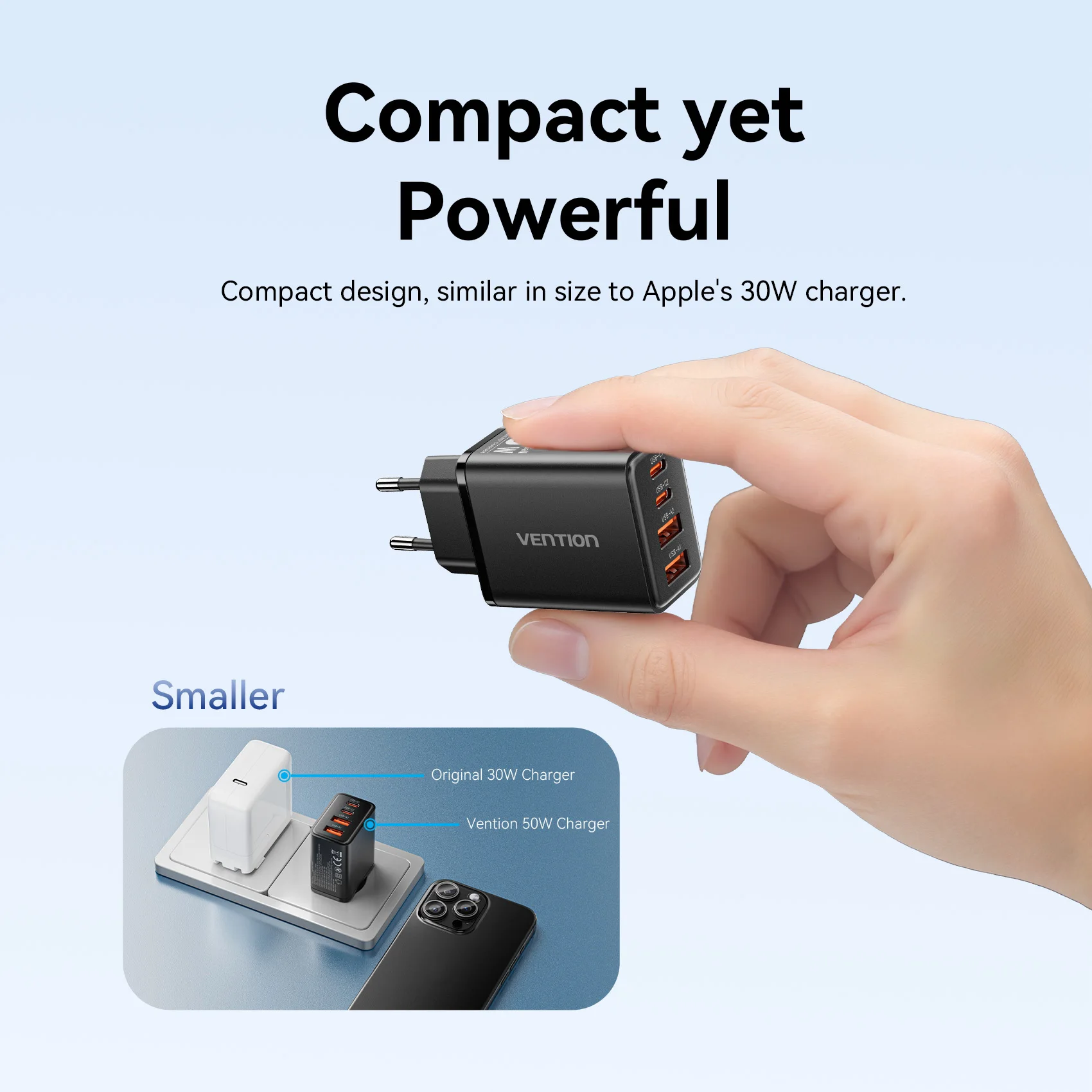 Cargador Vention GaN 30W USB tipo C PD QC 3,0 para iPhone 16 15 14 Pro Xiaomi Tablet puerto dual 50W MAX cargador rápido para teléfono - imagen 5