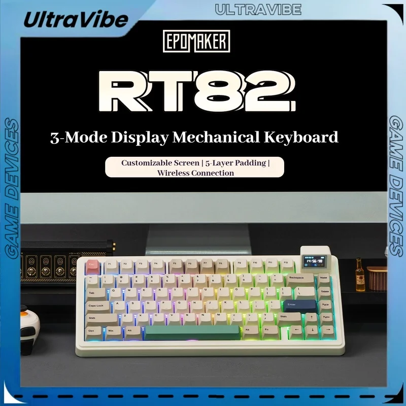 Teclado mecánico Epomaker Rt82, pantalla de modo Thri, estructura de puerta de enlace Rgb, animación personalizada, teclado personalizado con enchufe caliente