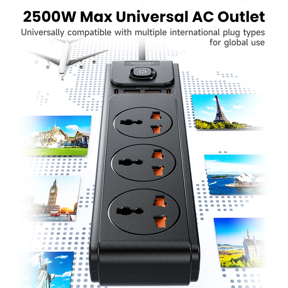 Toocki PD20W GaN tira de alimentación versátil 2500W Max toma Universal 3AC adaptador de enchufe UE Reino Unido EE. UU. toma de corriente Cable de extensión de 2M - imagen 5