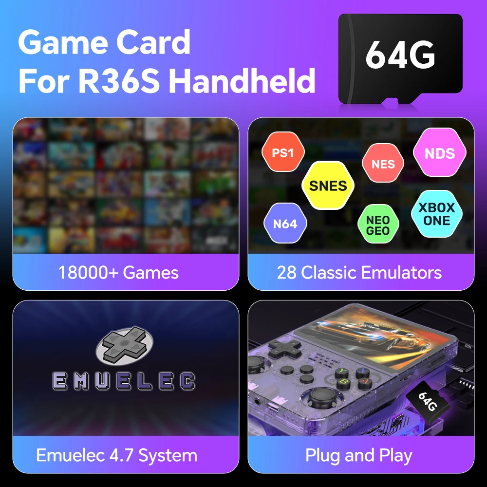 Tarjeta de juego para R36S con más de 18000 juegos Retro, tarjeta de juego de 64G para PSP/PS1/GB/GBA/GBC/MD/SFC/CPS1/CPS2 EmuELEC4.7, tarjeta de juego Plug & Play - imagen 2