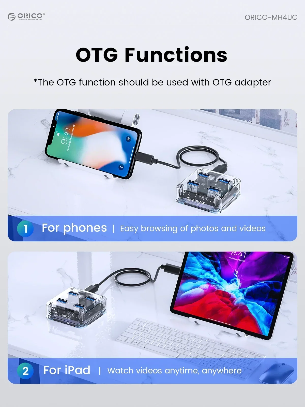 ORICO Transparent 4 Ports Expansion USB 3.0 HUB Docking Station High Speed USB Splitter OTG With Micro USB Power Interface - imagen 4