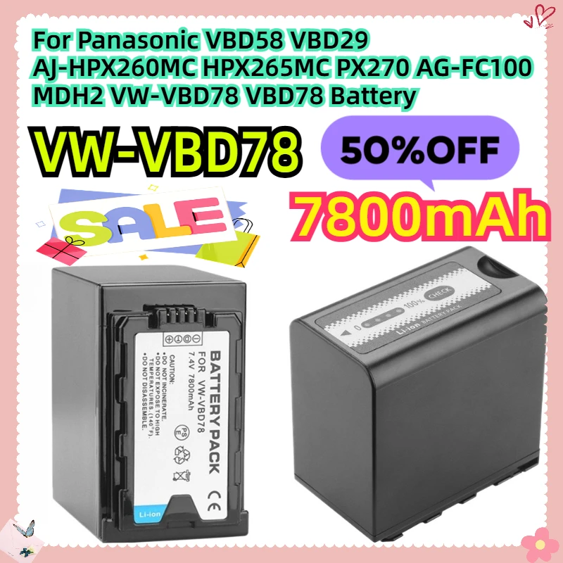 Para Panasonic VBD58 VBD29 AJ-HPX260MC HPX265MC PX270 AG-FC100 MDH2 7800mAh VW-VBD78 VBD78 batería
